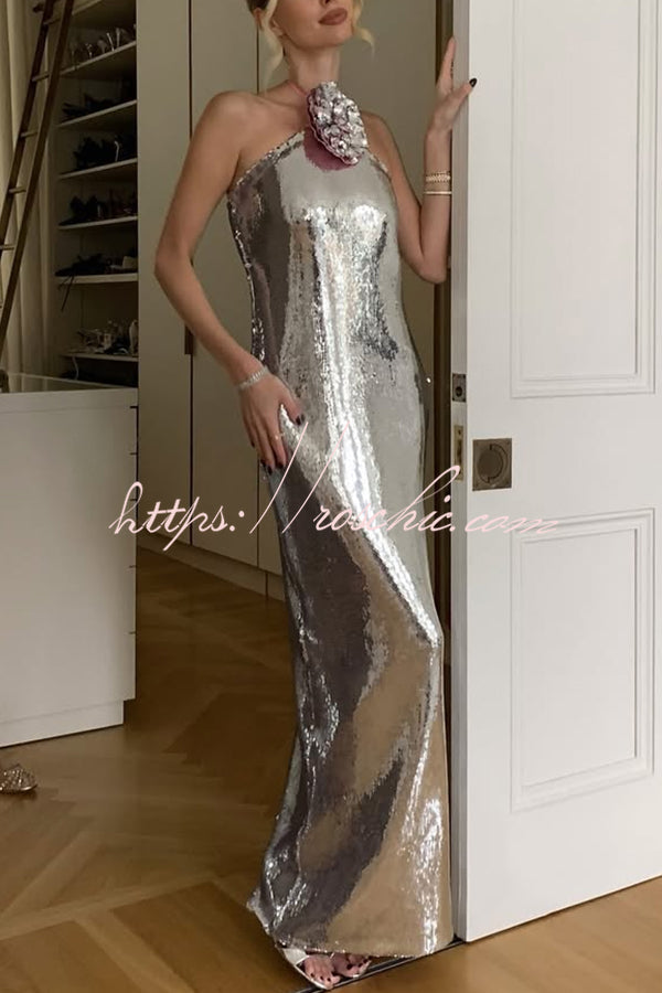 Moonlit Blooms Sequin Floral-appliqué Halter Neck Slit Gown Maxi Dress
