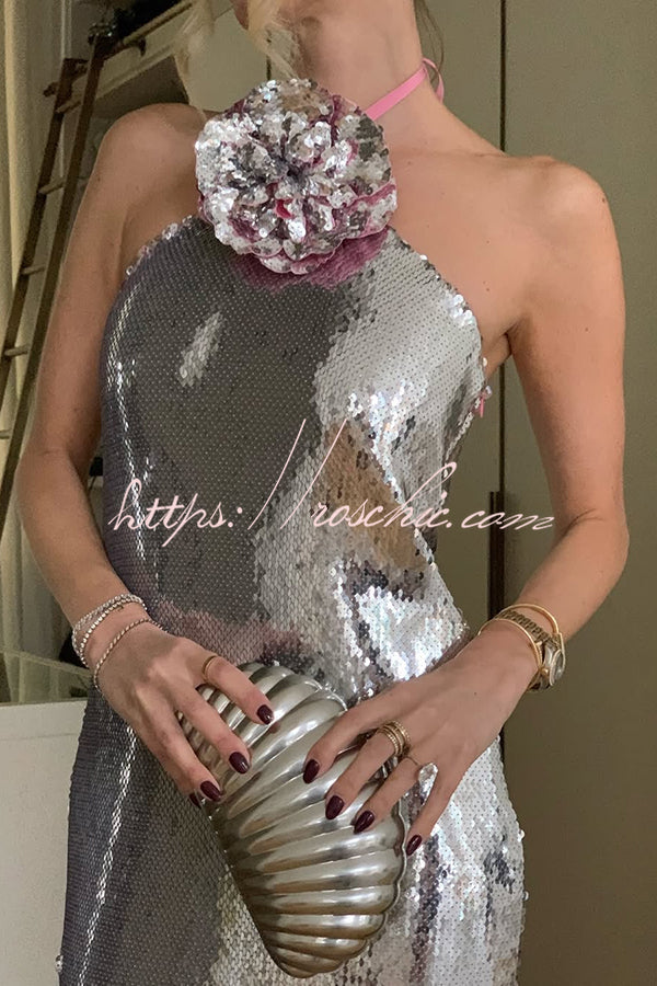 Moonlit Blooms Sequin Floral-appliqué Halter Neck Slit Gown Maxi Dress