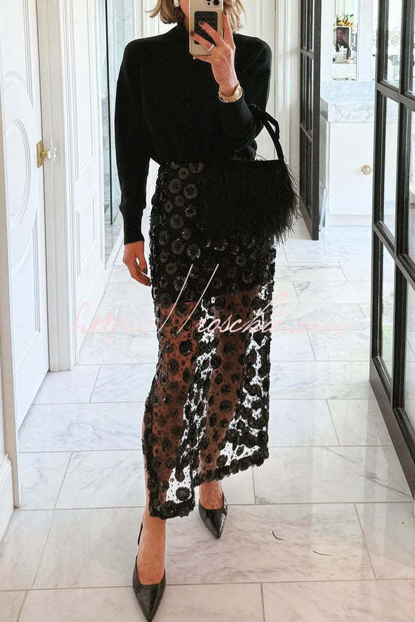 Gorgeous Flower Embellished Sequin Sheer High Rise Slit Midi Skirt