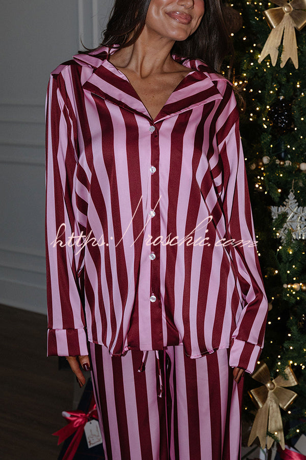 Courtney Satin Colorblock Striped Loose Shirt and Elastic Waist Pocketed Pajama Set