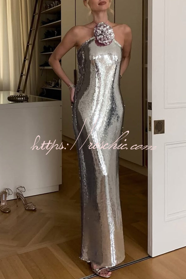 Moonlit Blooms Sequin Floral-appliqué Halter Neck Slit Gown Maxi Dress