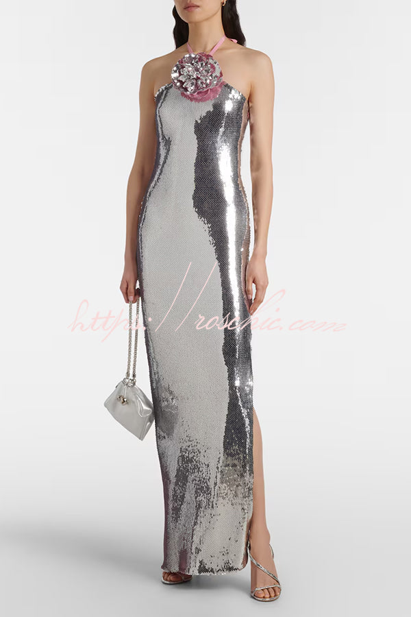 Moonlit Blooms Sequin Floral-appliqué Halter Neck Slit Gown Maxi Dress