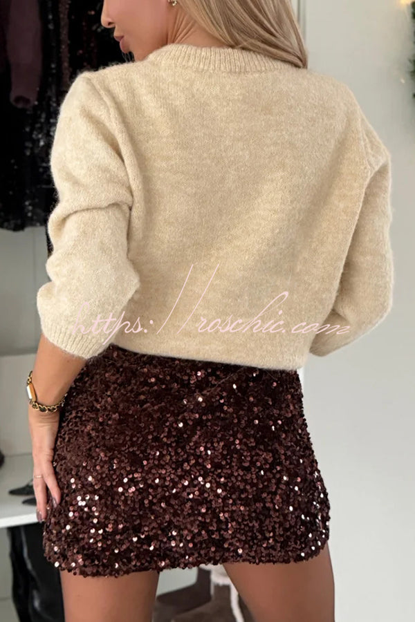 Polished Uptown Knit Tulle Bow Neck Button Up Long Sleeve Cardigan