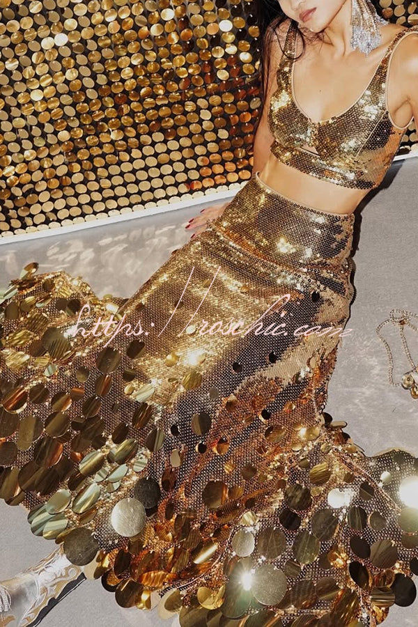 Party Sequin Button Crop Tank and Irregular Round Sequin Tassels Hem Maxi Skirt Set