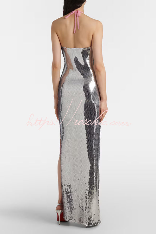 Moonlit Blooms Sequin Floral-appliqué Halter Neck Slit Gown Maxi Dress