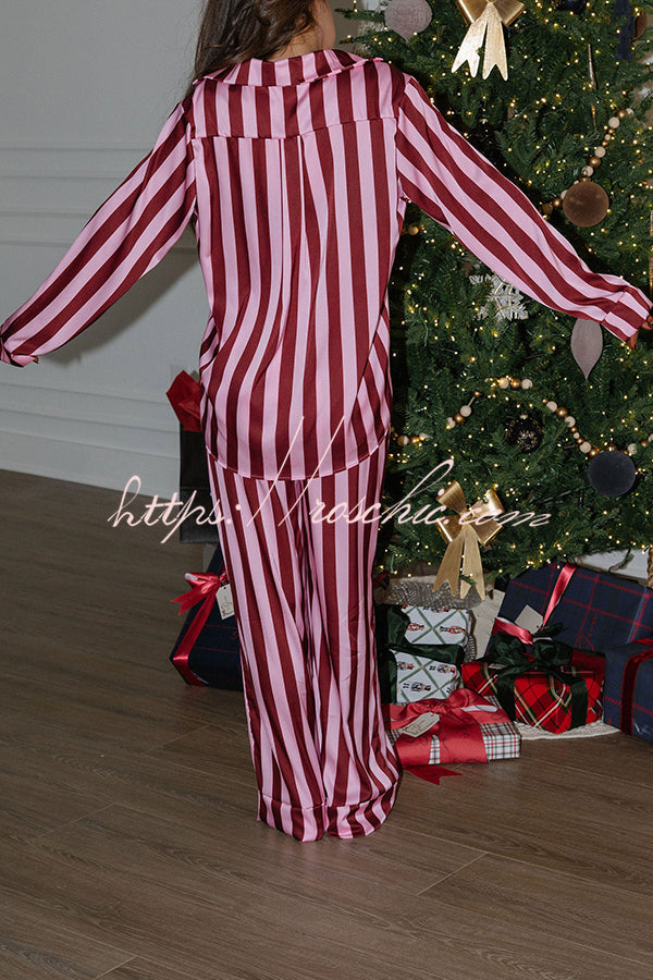 Courtney Satin Colorblock Striped Loose Shirt and Elastic Waist Pocketed Pajama Set