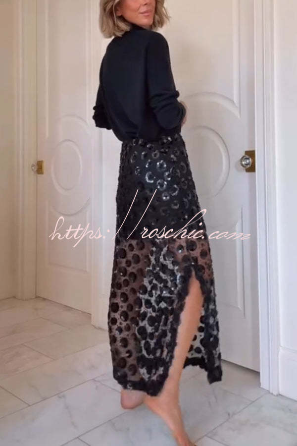 Gorgeous Flower Embellished Sequin Sheer High Rise Slit Midi Skirt