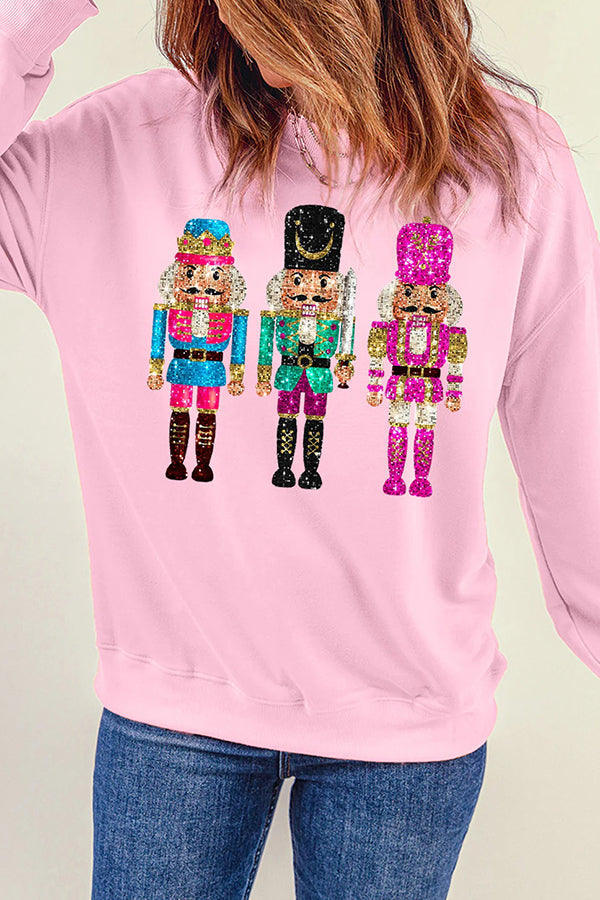 Christmas Soldier Sequin Loose Crew Neck Long Sleeve Sweatshirt